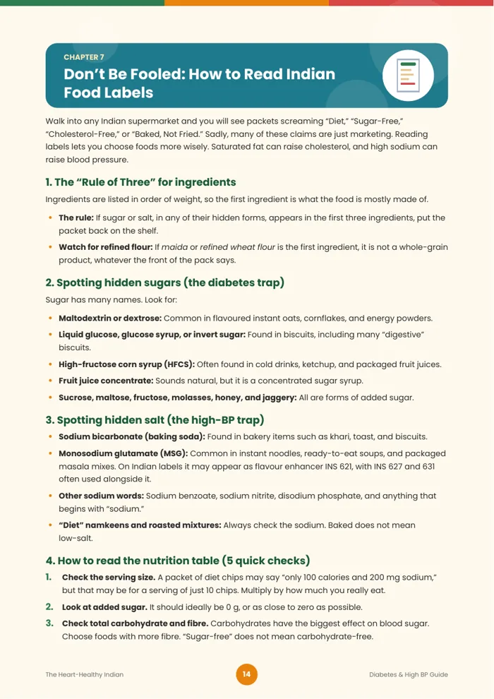 Page 14 of the ebook: how to read Indian food labels, including hidden sugars and hidden salt